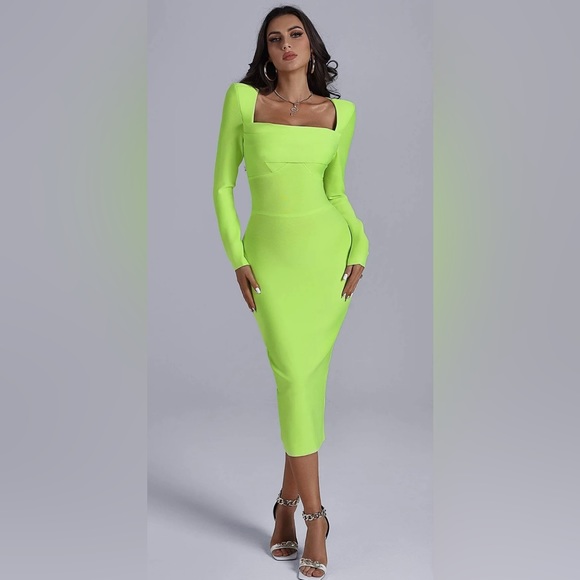 Lime Square Neck Midi Bandage Dress - Picture 2 of 7